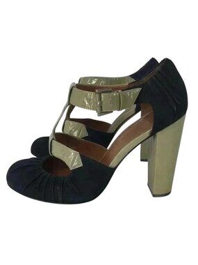 Modern Vintage Heels 37.5 7.5 Black Suede Patent T Strap Block Heel